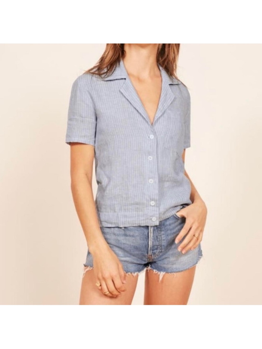 Reformation Blue and White Striped Linen Holiday Top Small